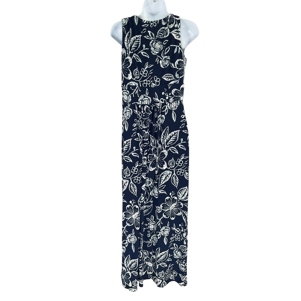 Chaps Navy Floral Print Sleeveless V‎ Neck Babydoll Maxi Dress Women's Size S - Picture 2 of 11